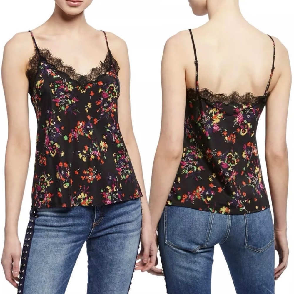 VERONICA BEARD Silk Floral Print Cami Tank Womens 4 Black lace trim Gil Layering